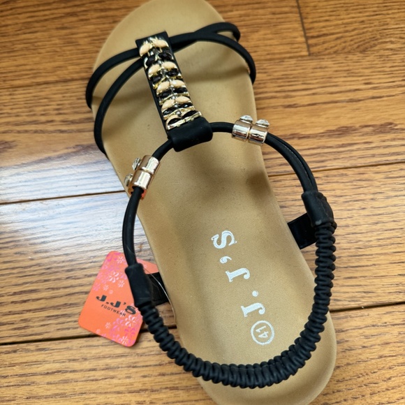 J.J's Brand Sandal with Black Straps and Gold/Rhinestone Embellishments - Picture 3 of 5